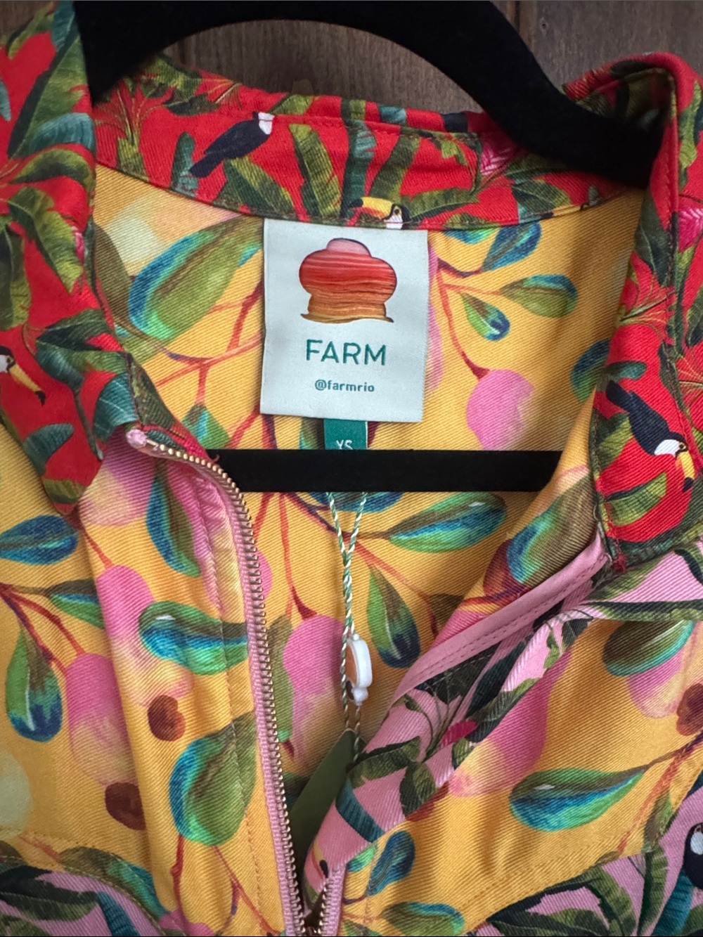 FARM Rio Pink Floral Zip-Front Jumpsuit with Yellow Sleeves - Picture 2 of 5